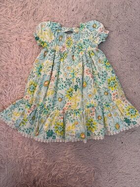 Floral Smocked Cotton Kids Dress - Yellow & Teal